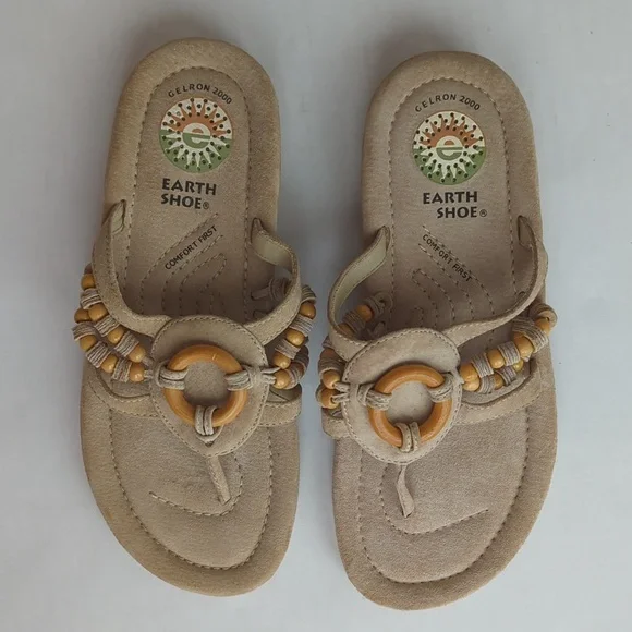 Earth Shoe Beaded Gelron 2000 Comfort First Leather Thong Sandal 7.5 Tan Brown - Picture 2 of 13